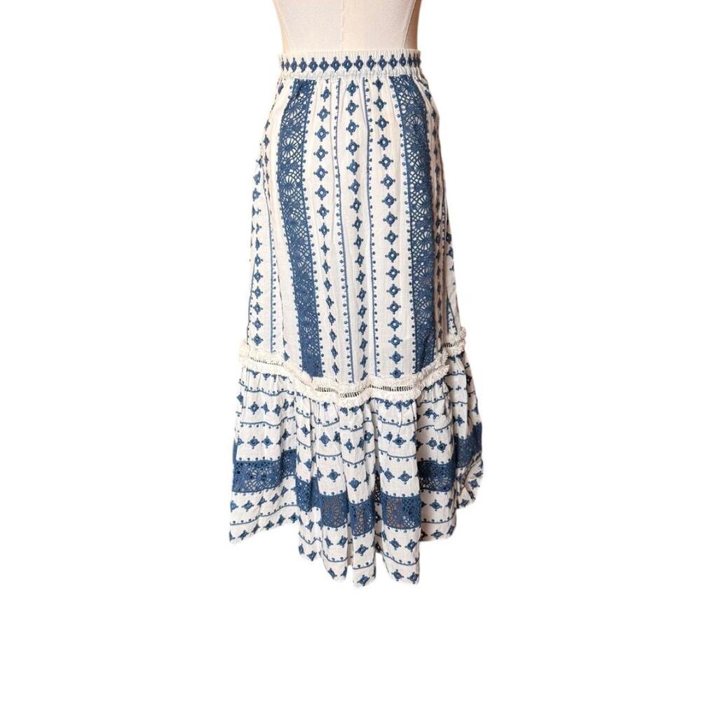 Margaret O'Leary‎ White Blue Embroidered Cotton Eyelet Maxi Skirt XS